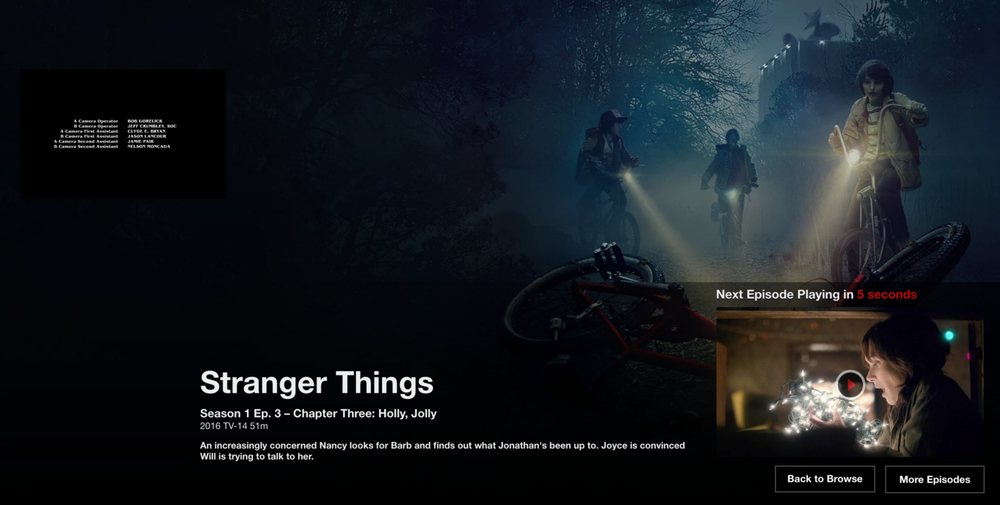 Netflix’s next episode auto-play is an example of a nudge to have you continue watching.  Screenshot (featuring Stranger Things), Netflix